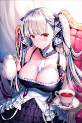 Rule 34 | 1girl, absurdly long hair, azur lane, between breasts, blush, breasts, chair, choker, cleavage, commentary request, corset, cup, earrings, formidable (azur lane), frills, hair ribbon, highres, jewelry, large breasts, long hair, looking at viewer, necktie, necktie between breasts, plate, platinum blonde hair, red eyes, rei (rei&#039;s room), ribbon, solo, sparkle, spoon, tea, teacup, teapot, twintails, two-tone dress, two-tone ribbon, very long hair