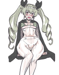 Rule 34 | 1girl, absurdres, anchovy (girls und panzer), anzio school uniform, ass, bikini, bikini under clothes, blush, breasts, cape, curvy, drill hair, embarrassed, girls und panzer, green hair, hair ribbon, highres, invisible chair, long hair, looking at viewer, medium breasts, open clothes, open mouth, pantyhose, red eyes, ribbon, school uniform, simple background, sitting, smile, solo, spread legs, swimsuit, twin drills, twintails, very long hair, white background, white pantyhose