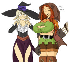 Rule 34 | 2girls, ara ara, arrow (projectile), bare legs, belt, blush, boots, breast envy, breasts, brown eyes, brown hair, bursting breasts, cleavage, closed eyes, cosplay, costume switch, cowboy shot, dot nose, dragon&#039;s crown, elbow gloves, elf (dragon&#039;s crown), female focus, fingerless gloves, flat chest, gloves, hat, huge breasts, long ears, long hair, matsu-sensei, multiple girls, pointy ears, red eyes, shirt, simple background, sorceress (dragon&#039;s crown), taut clothes, taut shirt, torn clothes, torn shirt, wardrobe malfunction, white background, wide hips, witch hat