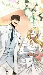 Rule 34 | 1boy, 1girl, black eyes, black hair, blonde hair, blue eyes, dress, flower, formal, highres, irene holton, looking at another, marriage, open mouth, seo joo-heon, short hair, smile, suit, tomb raider king, very short hair, white dress, white suit