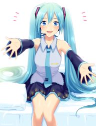 Rule 34 | +++, 1girl, :d, armpits, bare legs, bare shoulders, bed, bed sheet, black skirt, blue eyes, blue hair, blue necktie, blush, breasts, collared shirt, detached sleeves, dot nose, eyes visible through hair, feet out of frame, grey shirt, hair between eyes, happy, hatsune miku, headset, knees together feet apart, long hair, looking at viewer, medium breasts, necktie, nokuhashi, on bed, open mouth, outstretched arms, palms, pillow, pleated skirt, shirt, shoulder tattoo, sidelocks, simple background, sitting, skirt, sleeveless, sleeveless shirt, smile, solo, straight hair, tattoo, teeth, twintails, very long hair, vocaloid, white background