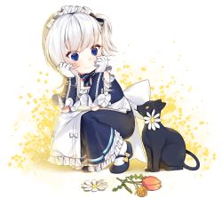 Rule 34 | 1girl, absurdres, aged down, animal, apron, arm support, azur lane, belfast (azur lane), black cat, blue bow, blue dress, blue eyes, blue footwear, blush, bow, cat, closed eyes, closed mouth, collarbone, commentary request, dress, flower, flower in mouth, frilled apron, frilled dress, frills, gloves, hair bow, highres, ia (ias1010), little bel (azur lane), long hair, looking away, looking to the side, maid headdress, mary janes, mouth hold, one side up, pantyhose, pink flower, shoes, silver hair, sleeveless, sleeveless dress, smile, solo, squatting, striped, striped bow, white apron, white background, white flower, white gloves, white pantyhose, yellow flower