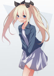 Rule 34 | 1girl, between legs, black ribbon, blonde hair, blue background, blue eyes, blue jacket, blush, breast pocket, breasts, buttons, collarbone, dress, embarrassed, female focus, gradient background, hair ribbon, hand between legs, have to pee, highres, jacket, long hair, long sleeves, looking at viewer, nose blush, open clothes, open jacket, open mouth, original, own hands together, pocket, ribbon, short dress, sidelocks, simple background, small breasts, solo, standing, sweat, twintails, v-shaped eyebrows, v arms, watakarashi, white dress