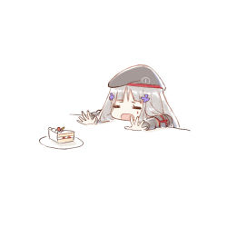 Rule 34 | 1girl, = =, alithea jane, beret, cake, cake slice, chibi, cross, dated commentary, closed eyes, food, girls&#039; frontline, hat, head on table, hime cut, hk416 (girls&#039; frontline), iron cross, long hair, open mouth, outstretched arms, plate, reaching, silver hair, simple background, solo, teardrop tattoo, upper body, white background