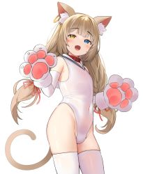 Rule 34 | 1girl, absurdres, animal ear fluff, animal ears, animal hands, belt collar, blonde hair, blue eyes, blush, cat ears, cat girl, cat paws, cat tail, collar, competition swimsuit, covered navel, fang, flat chest, gloves, heterochromia, highres, long hair, looking at viewer, low twintails, meettheton, one-piece swimsuit, open mouth, original, paw gloves, sailor collar, simple background, solo, standing, swimsuit, tail, thighhighs, twintails, white background, white one-piece swimsuit, white thighhighs, yellow eyes