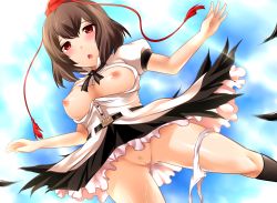 Rule 34 | 1girl, bad id, bad pixiv id, blush, breasts, breasts out, cloud, feathers, female pubic hair, large breasts, looking at viewer, nipples, open mouth, panties, panties around leg, pubic hair, pussy, shameimaru aya, short hair, skirt, sky, solo, touhou, uncensored, underwear, white panties, yoshimo