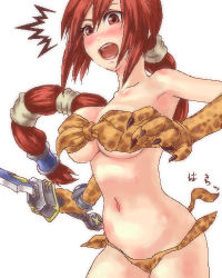 Rule 34 | 1girl, animal print, armpits, artist request, bad id, bad pixiv id, bare shoulders, bikini, blush, breasts, dark chronicle, elbow gloves, gloves, large breasts, leopard print, level-5, long hair, lowres, maru0911, monica (dark chronicle), monica raybrandt, multi-tied hair, open mouth, ponytail, red eyes, red hair, solo, ^^^, surprised, swimsuit, sword, wardrobe malfunction, weapon