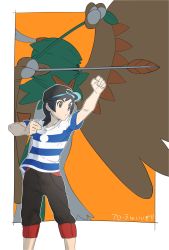 Rule 34 | 1boy, arm up, baseball cap, black hair, black headwear, brown pants, capri pants, clenched hand, closed mouth, commentary, creatures (company), decidueye, elio (pokemon), game freak, gen 7 pokemon, grey eyes, hat, highres, long hair, male focus, nintendo, pants, pkpokopoko3, pokemon, pokemon (creature), pokemon sm, shirt, short sleeves, striped clothes, striped shirt, t-shirt