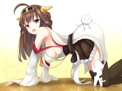 Rule 34 | 10s, 1girl, ahoge, all fours, bare shoulders, breasts, brown eyes, brown hair, brown thighhighs, cat, detached sleeves, double bun, frilled skirt, frills, hair bun, hairband, headgear, japanese clothes, kantai collection, kiri frog, kirimoti34, kongou (kancolle), long hair, looking at viewer, open mouth, personification, sideboob, skirt, smile, solo, thighhighs, thighs, tongue, white background