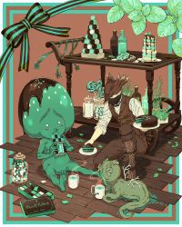 Rule 34 | 1boy, alien, arizuka (catacombe), bloodborne, bottle, brown pants, brown vest, cake, celestial emissary, chocolate, colored skin, eating, food, green skin, hat, highres, holding, holding plate, hunter (bloodborne), long sleeves, male focus, on one knee, pants, plate, shirt, short hair, sitting, striped clothes, striped shirt, tentacles, tricorne, vest, white shirt