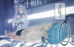 Rule 34 | 1boy, 1girl, black male underwear, blue hair, cable, closed eyes, closed mouth, commentary request, cyborg, elbow gloves, elf, expressionless, frieren, full body, gloves, halo, highres, himmel (sousou no frieren), indoors, long hair, lying, male underwear, mole, mole under eye, on back, parted bangs, pointy ears, science fiction, sinad aruatjanapat, sleeping, sousou no frieren, thai commentary, translated, twintails, underwear, upper body, white gloves, white hair