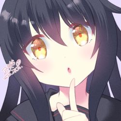 Rule 34 | 1girl, black hair, black sailor collar, blush, brown eyes, commentary request, dated, hair between eyes, hand up, head tilt, index finger raised, kantai collection, long hair, looking at viewer, mikazuki (kancolle), parted lips, purple background, sailor collar, signature, solo, tsukimochikuriko (tsukimochi k), upper body