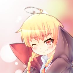 Rule 34 | 1girl, ;), ahoge, bad id, bad pixiv id, blonde hair, blush, braid, cape, close-up, elika drakul draupnils, erica dracul dreipneels, eyebrows, fang, fang out, gradient background, grey background, high collar, looking at viewer, lotte no omocha!, one eye closed, orange background, red eyes, satoutakahumi, short hair with long locks, simple background, slit pupils, smile, solo, tsurime, twin braids, vampire, wink