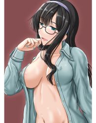 Rule 34 | 1girl, alternate breast size, black hair, blue eyes, blue shirt, blush, collared shirt, commentary request, covered erect nipples, glasses, hairband, kantai collection, long hair, long sleeves, nail polish, navel, ooyodo (kancolle), open clothes, open mouth, open shirt, oyabun (higashi), partial commentary, semi-rimless eyewear, shirt, solo, upper body, white hairband