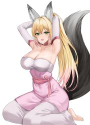 Rule 34 | 1girl, absurdres, animal ears, blonde hair, breasts, cleavage, commission, dress, green eyes, highres, large breasts, lillly, long hair, looking at viewer, open mouth, original, ponytail, ribbon, simple background, sitting, solo, tail, tying hair, white background