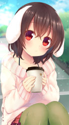 Rule 34 | 1girl, alternate costume, animal ears, artist name, bad id, bad pixiv id, black hair, blue sky, blurry, blurry background, blush, bra strap, casual, cloud, coffee cup, collarbone, commentary request, contemporary, cup, day, disposable cup, feet out of frame, green pantyhose, head tilt, holding, holding cup, inaba tewi, lens flare, long sleeves, looking at viewer, miniskirt, nnyara, outdoors, pantyhose, plaid, plaid skirt, pleated skirt, rabbit ears, red eyes, red skirt, short hair, sitting, skirt, sky, sleeves past wrists, solo, stairs, sweater, touhou, twitter username, white sweater