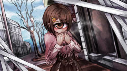 Rule 34 | 1girl, bare tree, blush, brown eyes, brown hair, capelet, cyclops, hair ornament, hairclip, hands on own chest, highres, hitomebore, lamppost, looking at viewer, official art, one-eyed, outdoors, own hands together, ray-k, short hair, smile, solo, tree, usui sachi
