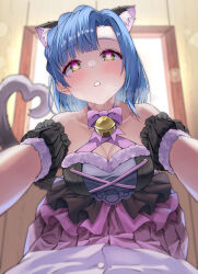 Rule 34 | 1boy, 1girl, absurdres, all fours, animal ears, bell, black scrunchie, blue hair, blush, braid, breasts, cat ears, cat tail, cleavage, dot nose, dress, fake animal ears, fake tail, heart, heart in eye, heavy breathing, hetero, highres, idolmaster, idolmaster million live!, idolmaster million live! theater days, jingle bell, karamomosu, looking at viewer, medium breasts, multicolored clothes, multicolored dress, nanao yuriko, open mouth, pink ribbon, pov, ribbon, scrunchie, shirt, short hair, sunlight, symbol in eye, tail, white shirt, window, yellow eyes