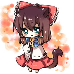 Rule 34 | 1girl, animal ears, bad id, bad pixiv id, bell, neck bell, blue eyes, blush, bow, brown hair, cat, cat ears, cat tail, chibi, collar, detached sleeves, dress, female focus, hair bow, hair ornament, hakurei reimu, japanese clothes, kemonomimi mode, miko, red dress, solo, tail, touhou, yuya (night lily)