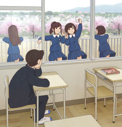 Rule 34 | 1boy, 4girls, :d, blue skirt, book, brown hair, cellphone, chair, cherry blossoms, classroom, day, desk, fence, hands up, kiyo (kyokyo1220), long hair, long sleeves, looking at another, multiple girls, open mouth, original, phone, school desk, school uniform, short hair, sidelocks, sitting, skirt, smile, taking picture, v, white footwear, wind, window, wooden floor