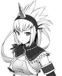 Rule 34 | 1girl, absurdres, bandeau, blush, breasts, capcom, cleavage, crop top, detached sleeves, fur trim, greyscale, hairband, highres, horns, jewelry, kirin (armor), long hair, looking at viewer, midriff, monochrome, monster hunter (series), munashi mujou, necklace, pendant, shirt, simple background, single horn, smile, solo, spiked hair, taut clothes, taut shirt, turtleneck, upper body