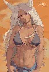 1girl abs absurdres animal_ears artist_name bikini bikini_top_only boku_no_hero_academia breasts collarbone dark-skinned_female dark_skin groin head_tilt highres large_breasts long_eyelashes long_hair mirko muscular muscular_female navel niksoncrazy orange_background rabbit_ears rabbit_girl red_eyes signature solo swimsuit upper_body very_long_hair white_hair