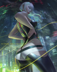 Rule 34 | 1girl, ass, bodysuit, breasts, cowboy shot, cyberpunk (series), cyberpunk edgerunners, earrings, eyeliner, from behind, highres, jewelry, looking at viewer, lucy (cyberpunk), medium breasts, monowire, multicolored eyes, multicolored hair, olesyaspitz, paid reward available, parted bangs, red eyeliner, red lips, short hair, solo