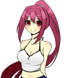 Rule 34 | 1girl, arms behind back, bad id, bad tumblr id, bare shoulders, blush, breasts, cleavage, hair ribbon, large breasts, long hair, midriff, mieru (sugarsweet), navel, ponytail, purple hair, red eyes, ribbon, smile, solo, spaghetti strap, tank top, under night in-birth, yuzuriha (under night in-birth)