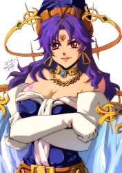 Rule 34 | 1girl, akane kazami, bare shoulders, breasts, cape, celine jules, cleavage, closed mouth, crossed arms, dated, earrings, elbow gloves, facial mark, forehead mark, gloves, hat, heart, heart tattoo, highres, jewelry, lipstick, long hair, looking at viewer, makeup, pointy hat, purple hair, simple background, smile, solo, star ocean, star ocean the second story, tattoo, white background