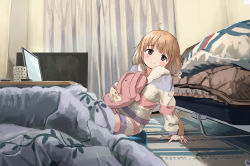 Rule 34 | 1girl, ahoge, ari hinoko, arm support, bed, blanket, blonde hair, blunt bangs, blush, brown eyes, closed mouth, commentary request, computer, cup, curtains, dot nose, from side, futaba anzu, highres, holding, hood, hoodie, idolmaster, idolmaster cinderella girls, indoors, kotatsu, laptop, leaning back, long hair, long sleeves, looking at viewer, loungewear, low twintails, on floor, shorts, sitting, solo, striped clothes, striped hoodie, striped shorts, table, twintails