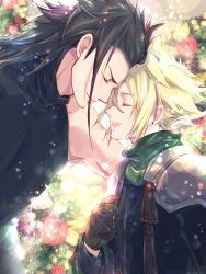 Rule 34 | 2boys, arm around shoulder, armor, black hair, blonde hair, blue shirt, brown gloves, christmas, closed eyes, cloud strife, crisis core final fantasy vii, earrings, final fantasy, final fantasy vii, forehead-to-forehead, gloves, green scarf, hair between eyes, hair slicked back, heads together, highres, jewelry, long hair, long sleeves, male focus, multiple boys, open mouth, ponco pacoooon, scarf, shinra infantry uniform, shirt, short hair, shoulder armor, single earring, sleeveless, sleeveless turtleneck, smile, spiked hair, square enix, suspenders, teeth, turtleneck, upper teeth only, yaoi, zack fair