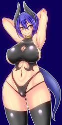Rule 34 | 1girl, arm behind head, armpits, arms behind head, arms up, black panties, black thighhighs, blue hair, blush, breasts, cleavage, cleavage cutout, clothing cutout, covered erect nipples, curvy, female focus, horns, large breasts, looking at viewer, monster girl, nanashi mushi, navel, panties, plump, short hair, sideboob, simple background, smile, solo, standing, tail, thick thighs, thighhighs, thighs, underwear, wide hips, yellow eyes
