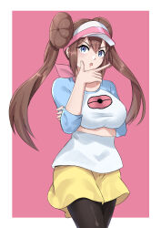 1girl arm_under_breasts black_pantyhose blue_eyes border breasts brown_hair chantu_irasu chestnut_mouth creatures_(company) double_bun game_freak hair_between_eyes hair_bun hat highres large_breasts long_hair nintendo pantyhose pantyhose_under_shorts parted_lips pink_background pokemon pokemon_bw2 raglan_sleeves rosa_(pokemon) shirt short_shorts shorts solo twintails v-shaped_eyebrows very_long_hair visor_cap white_border white_hat white_shirt yellow_shorts