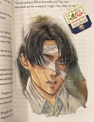 Rule 34 | 1boy, arabic text, artist name, bandage over one eye, black hair, collared shirt, cropped head, grey eyes, highres, levi (shingeki no kyojin), looking at viewer, male focus, open mouth, photo (medium), shingeki no kyojin, shirt, short hair, solo, stitches, tafart, teabag, traditional media, unconventional media