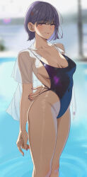 Rule 34 | 1girl, absurdres, backlighting, black hair, black one-piece swimsuit, blurry, blurry background, breasts, casual one-piece swimsuit, cloudy rain4, cowboy shot, dress shirt, hair ornament, hairclip, highleg, highleg swimsuit, highres, large breasts, looking at viewer, mole, mole under mouth, one-piece swimsuit, open clothes, open shirt, original, purple eyes, ripples, see-through, see-through shirt, shirt, short hair, solo, standing, swimsuit, water