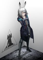 Rule 34 | 1girl, animal ears, arknights, black coat, black footwear, blush, boots, closed mouth, coat, commentary, dress, frostnova (arknights), full body, grey dress, grey eyes, grey hair, hair ornament, hair over one eye, hairclip, hands in pockets, highres, hood, hood down, hooded coat, knee boots, kureneko, long hair, long sleeves, looking at viewer, open clothes, open coat, rabbit ears, rabbit girl, rhodes island logo (arknights), scar, scar on face, scar on nose, solo, standing