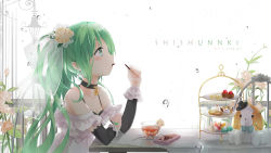 Rule 34 | 1girl, asahi kuroi, choker, earrings, eating, flower, food, from side, gloves, green eyes, green hair, hatsune miku, highres, jewelry, lace, lace gloves, lock, long hair, matching hair/eyes, md5 mismatch, padlock, padlocked collar, pocky, sitting, solo, stuffed animal, stuffed dog, stuffed toy, sweets, vocaloid, white gloves