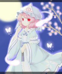 Rule 34 | 1girl, bad id, bad pixiv id, bug, butterfly, dress, ellipsis (mitei), frilled dress, frills, hat, highres, bug, light particles, mob cap, pink hair, red eyes, saigyouji yuyuko, short hair, smile, touhou, triangular headpiece, wide sleeves