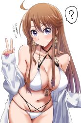 Rule 34 | 1girl, ?, ahoge, bikini, blush, breasts, brown hair, cleavage, commentary request, criss-cross halter, grin, halterneck, highres, idolmaster, idolmaster million live!, large breasts, long hair, looking at viewer, nail polish, navel, o-ring, o-ring bikini, purple eyes, red nails, run p (aveton), shirt, sidelocks, simple background, smile, solo, string bikini, swimsuit, tokoro megumi, translation request, very long hair, w, white background, white bikini, white shirt