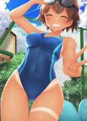 Rule 34 | 1girl, bandaid, bandaid on face, blue sky, blue one-piece swimsuit, brown hair, chain-link fence, cleaning brush, cloud, commentary request, competition swimsuit, cowboy shot, day, closed eyes, fence, goggles, goggles on head, grin, highres, kickboard, looking at viewer, minato ojitan, one-piece swimsuit, one-piece tan, original, outdoors, power lines, short hair, sky, smile, solo, swimsuit, tan, tanline, thigh gap, towel, wet