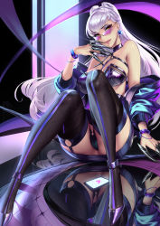 Rule 34 | 1girl, absurdres, alternate costume, blue jacket, boots, breasts, cameltoe, choker, cian yo, earrings, evelynn (league of legends), glasses, highres, jacket, jewelry, large breasts, league of legends, looking at viewer, non-web source, reflection, sitting, smile, the baddest evelynn, tinted eyewear