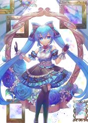 Rule 34 | 1girl, black bow, black gloves, black skirt, black thighhighs, blue eyes, blue flower, blue footwear, blue hair, blue rose, bow, breasts, center frills, collared shirt, commentary request, curtains, feet out of frame, flower, frilled bow, frilled shirt collar, frilled skirt, frills, gloves, hair between eyes, hair bow, hatsune miku, highres, long hair, looking at viewer, medium breasts, parted lips, picture frame, raymond busujima, rose, shirt, shoes, skirt, sleeveless, sleeveless shirt, solo, thighhighs, very long hair, vocaloid, white shirt