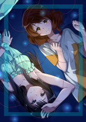 Rule 34 | 10s, 2girls, arm up, armpits, bare shoulders, black hair, blush, breasts, brown eyes, brown hair, clenched hand, collarbone, dress, dutch angle, framed, frilled dress, frills, frostcyco, hand on own head, hand on own stomach, hibike! euphonium, highres, kousaka reina, large breasts, long hair, looking at viewer, lying, medium breasts, medium hair, multiple girls, on back, open hand, oumae kumiko, purple eyes, scrunchie, shirt, sleeveless, sleeveless dress, smile, strap, string, string of fate, upper body, wrist scrunchie, yuri
