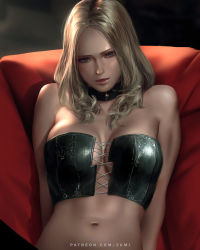 Rule 34 | 1girl, arms at sides, bare shoulders, blonde hair, breasts, capcom, choker, cleavage, couch, devil may cry (series), devil may cry 5, looking at viewer, navel, no bra, parted bangs, parted lips, reclining, smile, solo, stomach, strapless, toned, trish (devil may cry), tube top, upper body, zumi (zumidraws)
