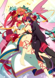 Rule 34 | 2girls, aqua eyes, asymmetrical wings, bare shoulders, barefoot, chaos venus (p&amp;d), dress, dual persona, feathered wings, hair tubes, heart, long hair, multicolored hair, multiple girls, mzh, open mouth, purple hair, puzzle &amp; dragons, red hair, smile, tiara, two-tone hair, two side up, venus (p&amp;d), wings