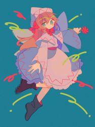 Rule 34 | 1girl, aqua background, bad id, bad twitter id, black footwear, capelet, censored, daizu (melon-lemon), dress, fairy wings, flower, full body, hair between eyes, hat, highres, holding, holding flower, legs, lily white, mosaic censoring, orange hair, pointless censoring, sidelocks, smile, solo, teal background, touhou, white dress, white hat, wide sleeves, wings