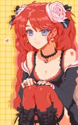 Rule 34 | 1girl, bad id, bad pixiv id, black nails, blue eyes, boots, breasts, cleavage, earrings, flower, hair flower, hair ornament, heart, jewelry, long hair, nail polish, necklace, off shoulder, original, red hair, ring, rose, smile, solo, squatting, su (noonrema), thighhighs
