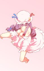 Rule 34 | 1girl, bare shoulders, barefoot, between legs, blue ribbon, blush, breasts, cleavage, commentary, crescent, from above, full body, hand between legs, hat, hat ribbon, highres, large breasts, long hair, mob cap, no bra, non (z-art), pajamas, patchouli knowledge, pink background, purple hair, red ribbon, ribbon, sitting, solo, touhou