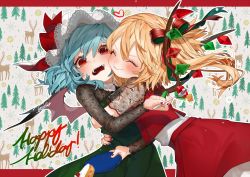 Rule 34 | 2girls, ^ ^, alternate costume, bad id, bad twitter id, bat wings, blonde hair, blue hair, blue nails, blush, border, cake, cheek-to-cheek, closed eyes, commentary, cowboy shot, crystal, dress, english commentary, fangs, flandre scarlet, floral print, food, fork, glomp, gotou (nekocat), green dress, grey background, hair between eyes, hair ribbon, hat, hat ribbon, heads together, heart, holding, holding fork, holding plate, hug, lace trim, letterboxed, long hair, long sleeves, mob cap, multiple girls, nail polish, no headwear, one side up, open mouth, outline, outside border, plate, red border, red eyes, red nails, red ribbon, red skirt, red vest, remilia scarlet, ribbon, see-through, short hair, short sleeves, siblings, sisters, skirt, skirt set, smile, touhou, vest, white hat, white outline, wings