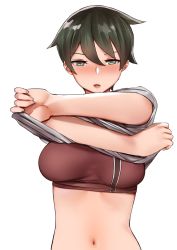 Rule 34 | 1girl, absurdres, blush, bra, breasts, brown bra, green eyes, green hair, hair between eyes, highres, kantai collection, looking at viewer, medium breasts, midriff, mogami (kancolle), navel, norman maggot, shirt, short hair, simple background, solo, sports bra, underwear, undressing, upper body, white background, white shirt